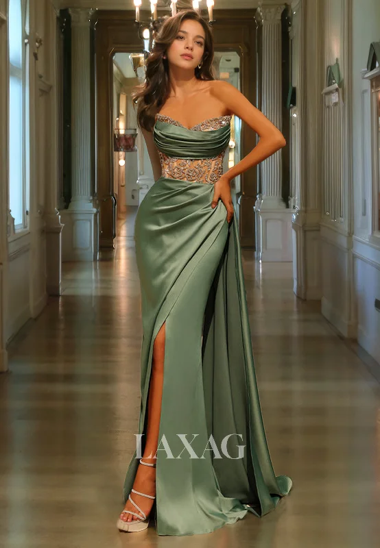 Score Big On Glamorous Red - Carpet Styles Strapless Beaded Sleek Satin High Slit Party Prom Formal Evening Dress with Train