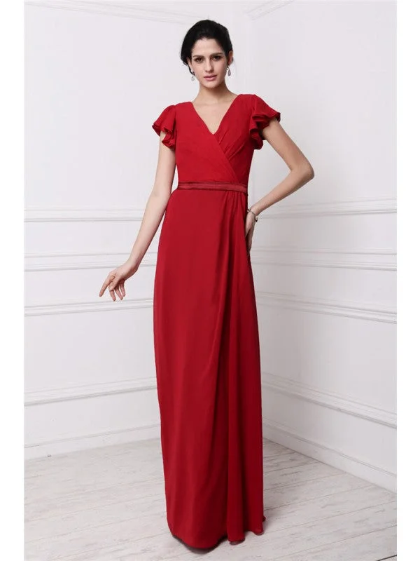 End - Of - Month Blowout Sheath/Column V-neck Short Sleeves Pleats Long Chiffon Bridesmaid Dresses