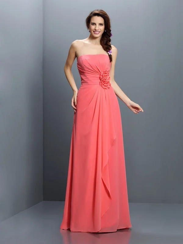 Hot Trends A-Line/Princess Strapless Hand-Made Flower Sleeveless Long Chiffon Bridesmaid Dresses