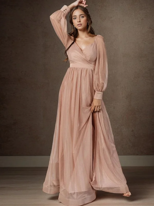 Limited - Time Bundle A-shaped princess pleated V-neck long sleeved and floor length bridesmaid dress