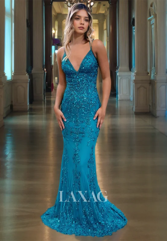 Holiday Sale V-Neck Spaghetti Straps Trumpet&Mermaid Sequin Satin Long Formal Party Prom Dress