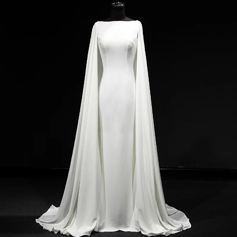 Limited-Time Offer Simple Backless Mermaid High Neck Wedding Dress with Long Cape