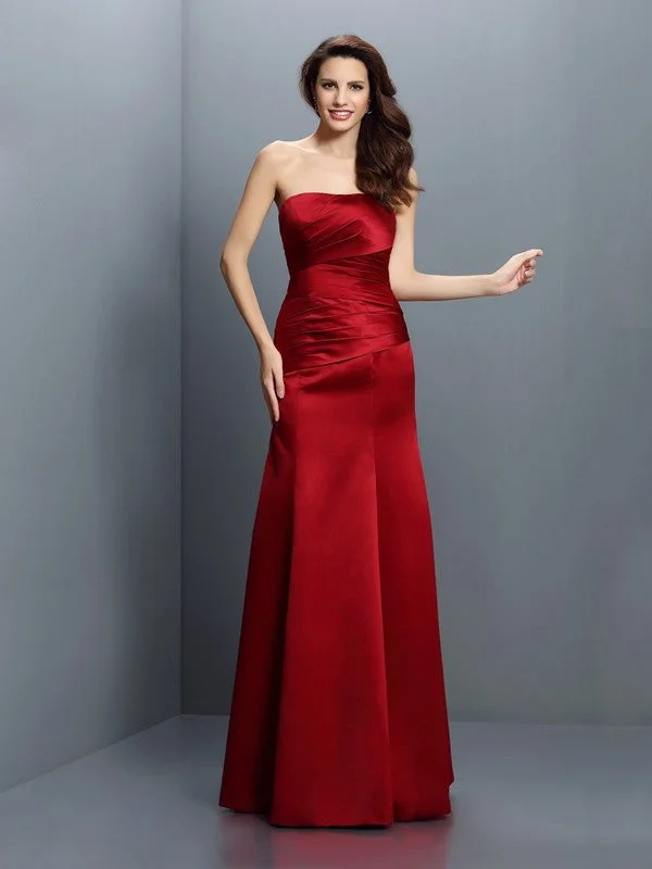 Summer Essentials Sheath/Column Strapless Pleats Sleeveless Long Satin Bridesmaid Dresses