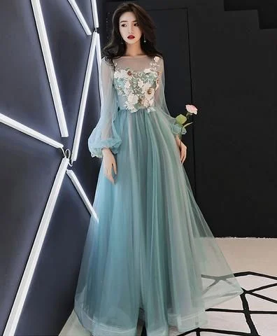 Cool Prices Blue round neck tulle blue long prom gown, blue evening dress cg1247