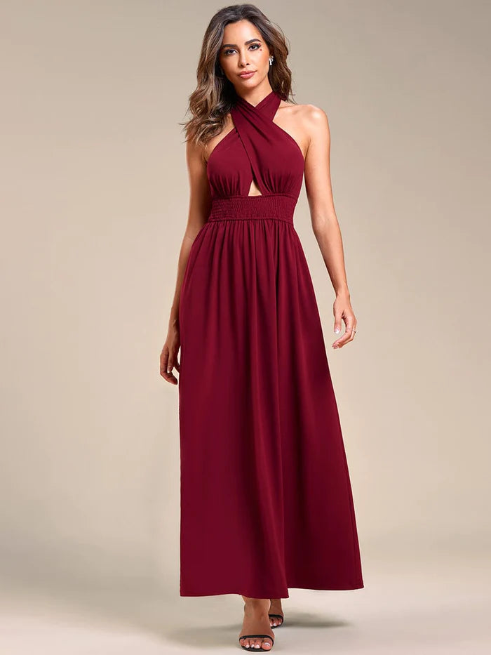 Fashion Deal Convertible Halter A-Line  Waist Tea Length Backless Bridesmaid Dress