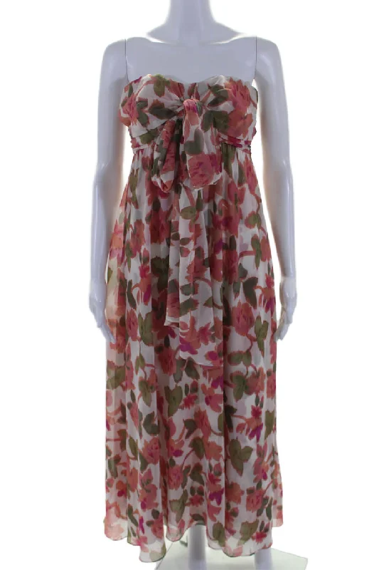 First Order Discount Misa Womens Floral Print Ruched Sleeveless Strapless Maxi Dress Pink