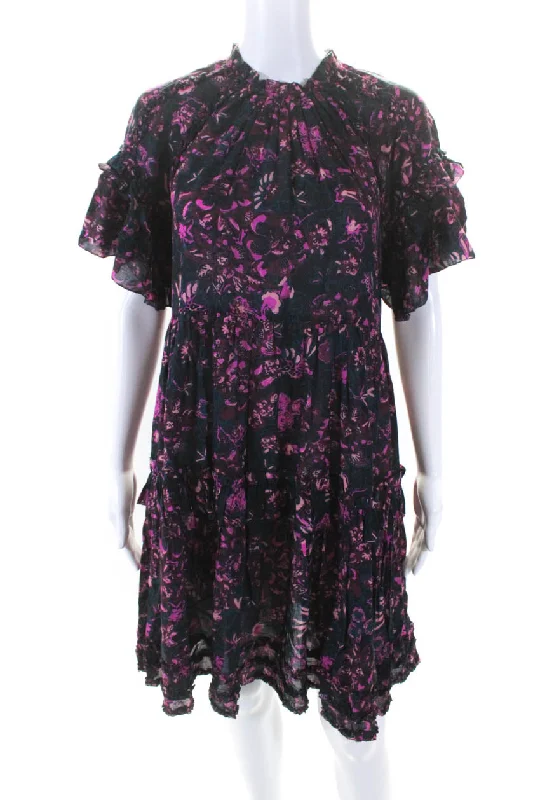 Spring Wardrobe Ulla Johnson Womens Short Sleeve Tiered Floral Shift Dress Blue Pink