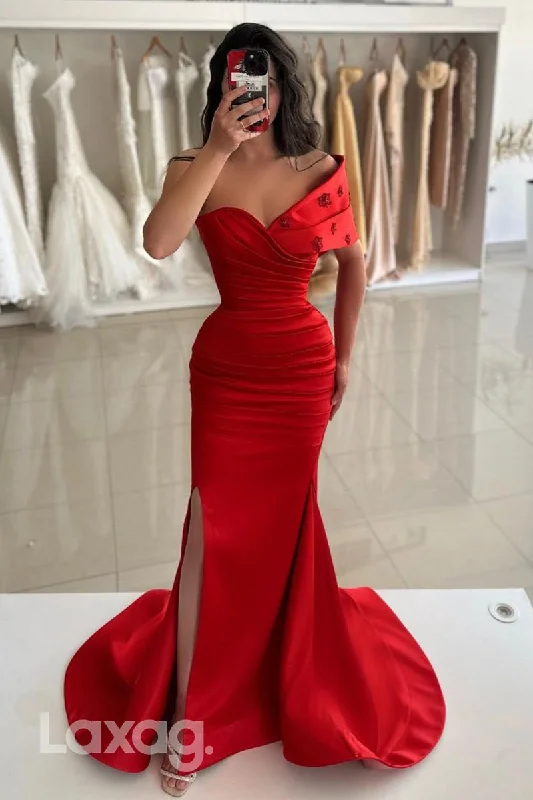 Fashion-Forward Outfits 14711 - Off Shoulder Red Satin Ruched Mermaid Long Semi Formal Prom Dress with Slit