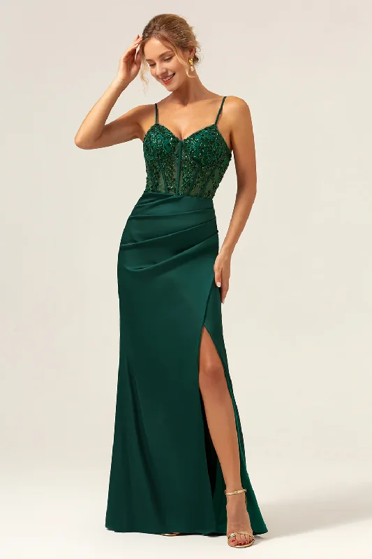 Spring Fashion Fish tail thin shoulder strap satin long dark green slit bridesmaid dress