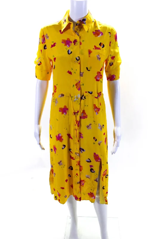 Chic Styles Altuzarra Womens Yellow Floral Silk Tie Front Short Sleeve Shift Dress