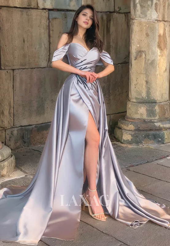 Fashion For Every Occasion Off Shoulder Sleek Satin High Slit Party Prom Formal Evening Dress with Train