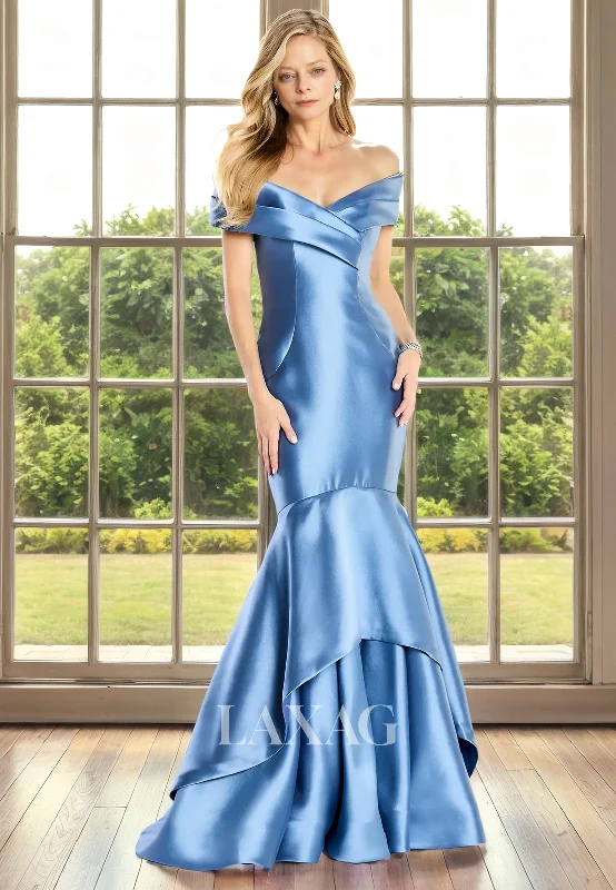 Winter Warm - Up Sale Off Shoulder Tiered Sleek Satin Mermaid Mother of the Bride Dress with Train