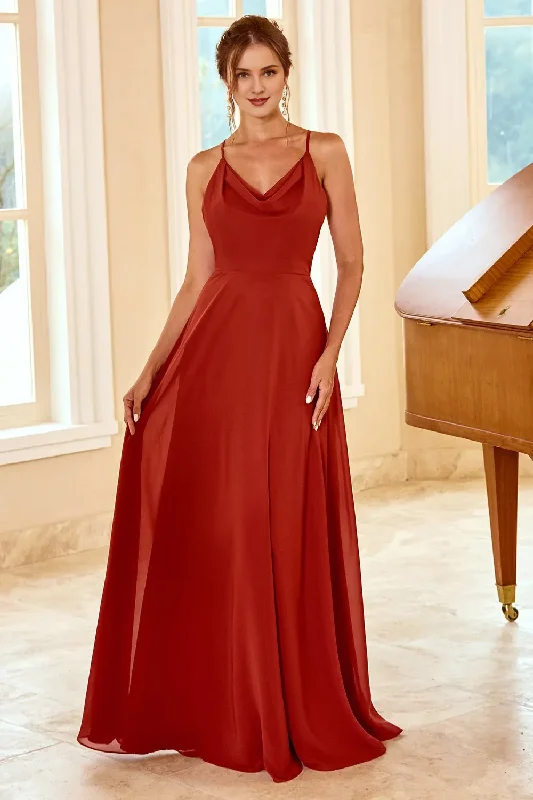 Lighten Up With Nordic Styles Rusty red thin shoulder strap backless and floor length bridesmaid dress