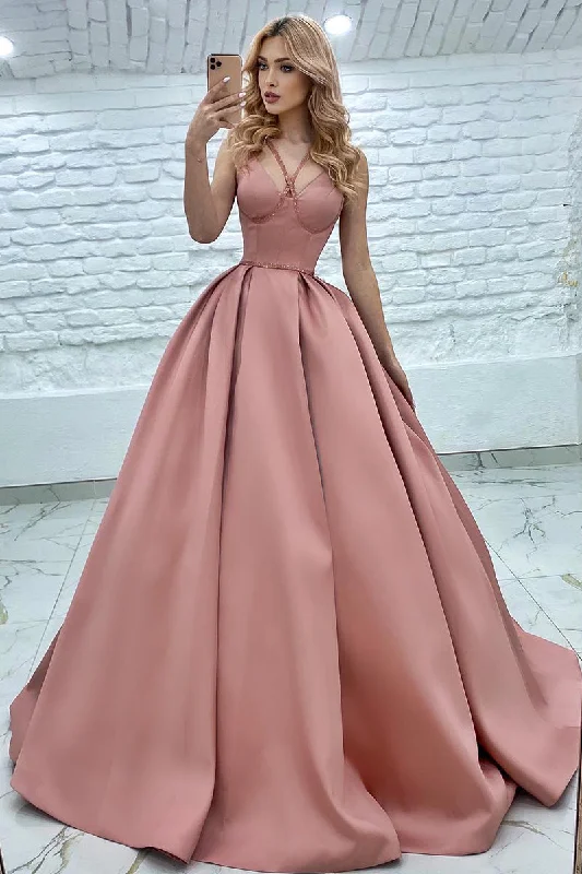 Exclusive Sale 14712 - Pink Sequined Satin Ruched A Line Prom Evening Dress