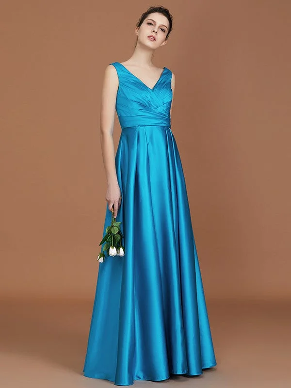 Style Upgrade A-Line/Princess V-neck Sleeveless Floor-Length Ruffles Satin Bridesmaid Dress