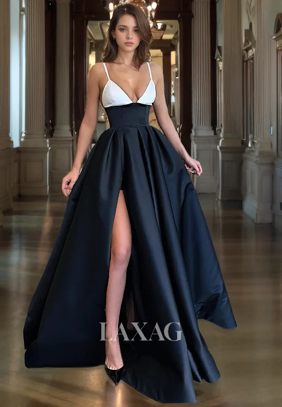 Last Chance Sale A-Line Spaghetti Straps High Slit Sleek Satin Party Prom Formal Evening Dress