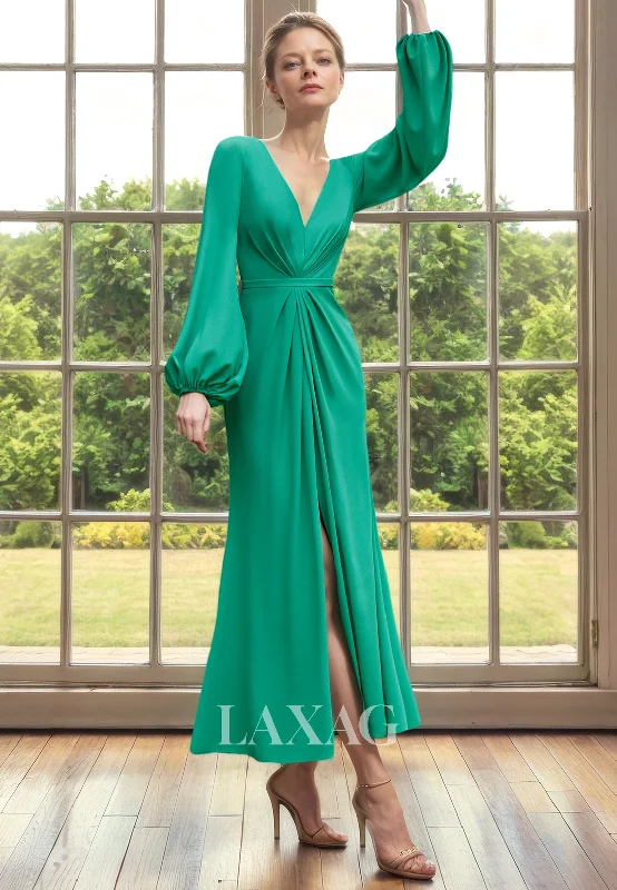 Celebrate With Big Savings V-Neck Long Sleeves Sleek Satin Elegant Mother of the Bride Dress with Slit