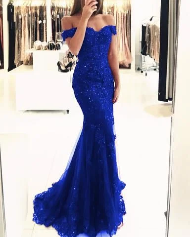 Fashion Deal royal blue prom dresses mermaid lace evening gowns elegant cg4061