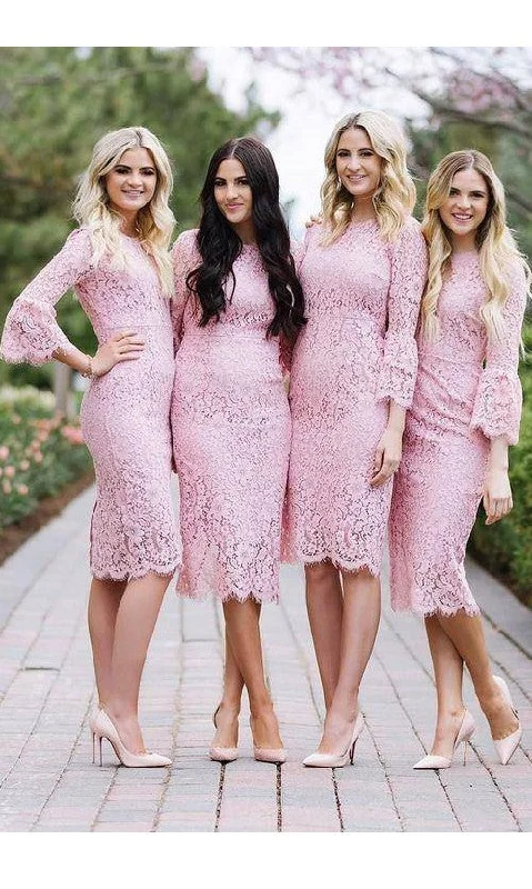 Casual Chic Tea Length Long Sleeves Pink Lace Bridesmaid Dress