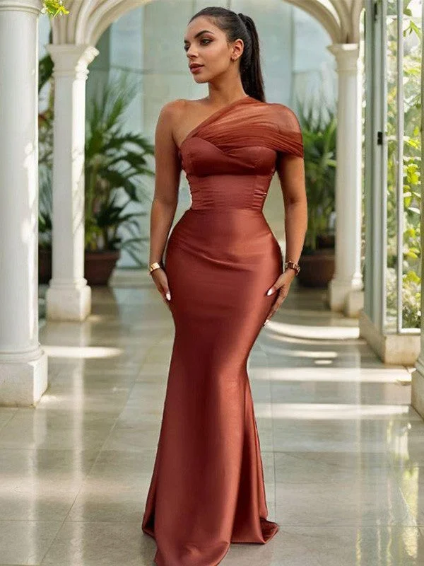 Stylish Spring Fashion Tight one shoulder pleated and ground length satin bridesmaid dress