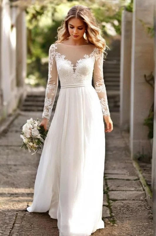 Clearance Event Bohemian Long Sleeves Lace Bodice and Chiffon Skirt  A-Line Wedding Dress with Belt