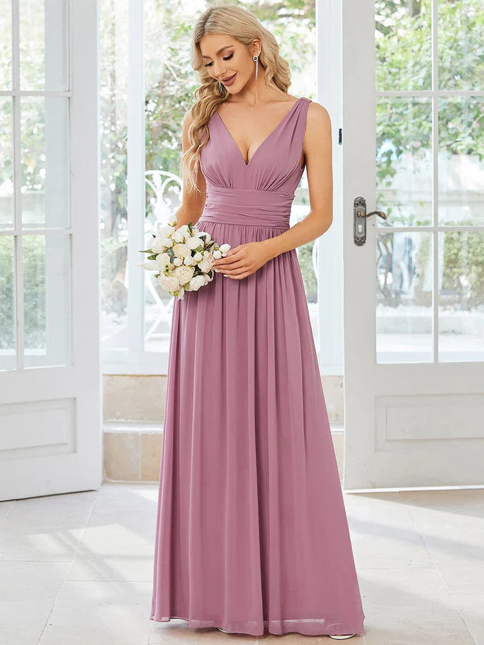 Evening Elegance Sleeveless V-Neck Plain Chiffon Maxi Bridesmaid Dress