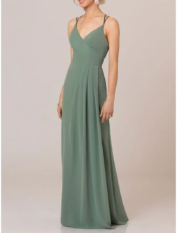 Chic Styles A-Line Bridesmaid Dress Straps / Spaghetti Strap / V Neck Sleeveless Elegant Floor Length Chiffon / Shantung / Imitated Silk with Pleats / Draping / Ruching