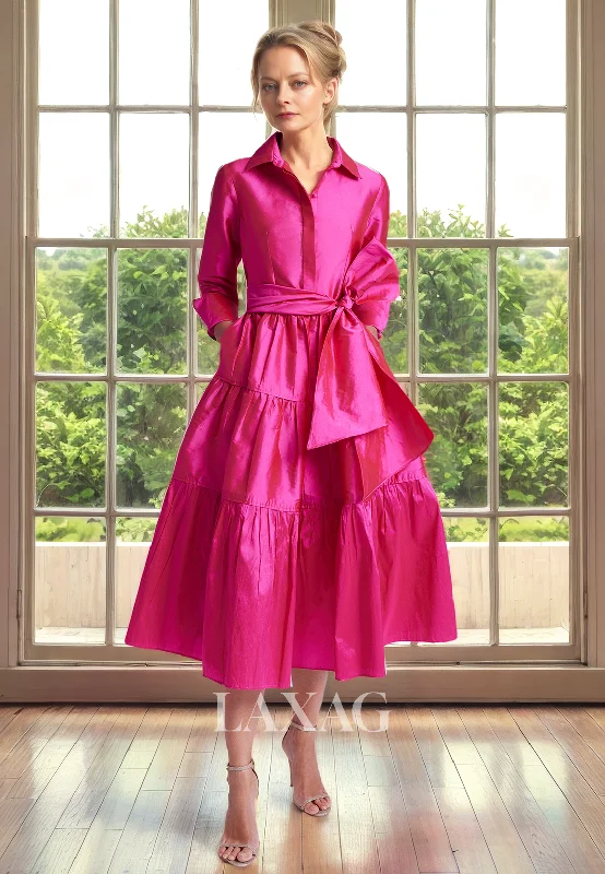 Limited Time Deal A-Line V-Neck Quarter Sleeves Sleek Satin Tea-Length Mother of the Bride Dress