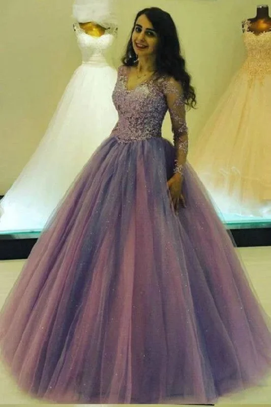 Unbeatable Prices Princess Long V Neck Appliques Ball Gown Prom Dress With Long Sleeves  cg3437