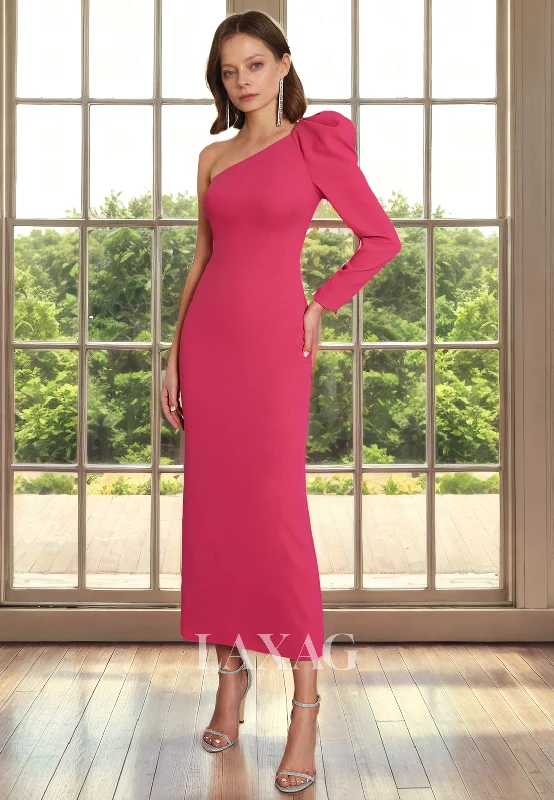 Evening Elegance One Shoulder Long Sleeves Sleek Satin Ankle-Length Mother of the Bride Dress