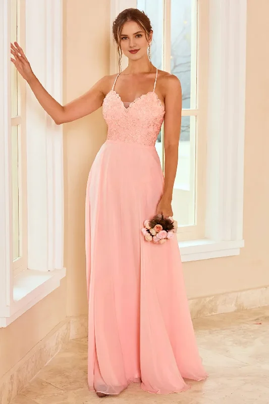 Update With Cottagecore Styles Lace thin shoulder belt powder blusher backless strapping floor length bridesmaid dress