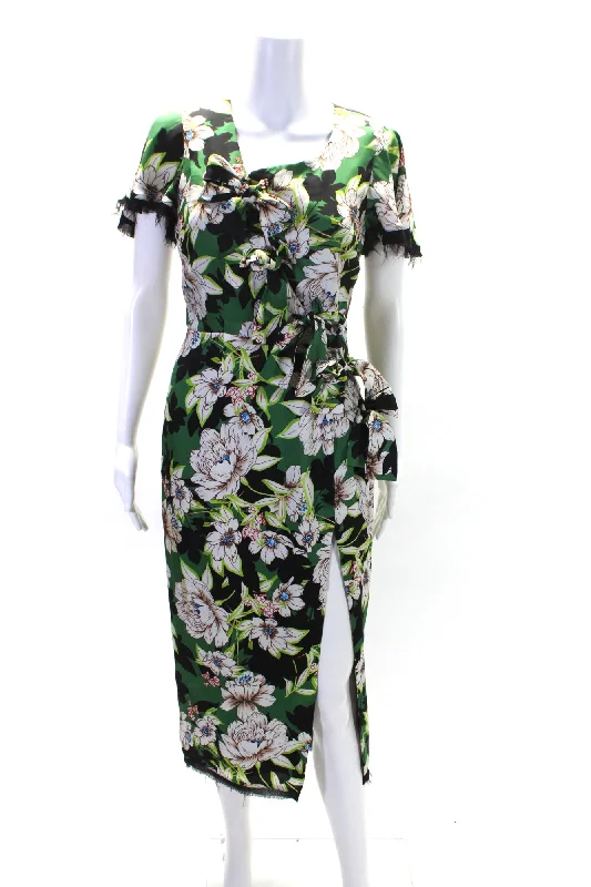 Fashionista Favorites Le Superbe Womens Floral Short Sleeve Bow Slit Pencil Dress Green