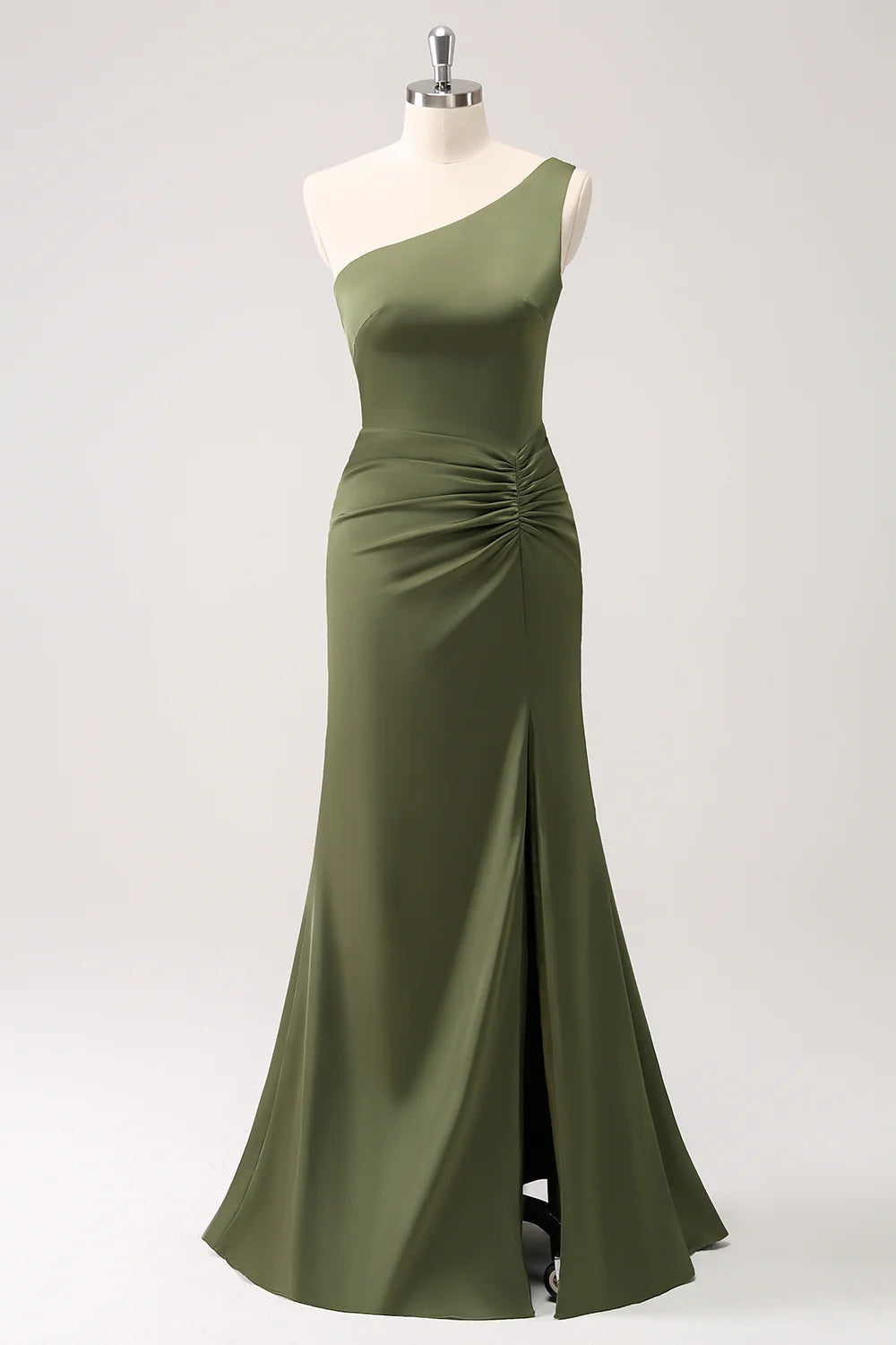 Lighten Up With Nordic Styles Elegant olive fish tail one shoulder slit backless bridesmaid dress