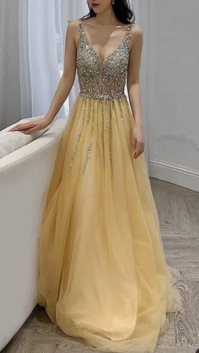 Fashion-Forward Outfits yellow prom dress tulle v neck evening gown sequin beaded cg3324