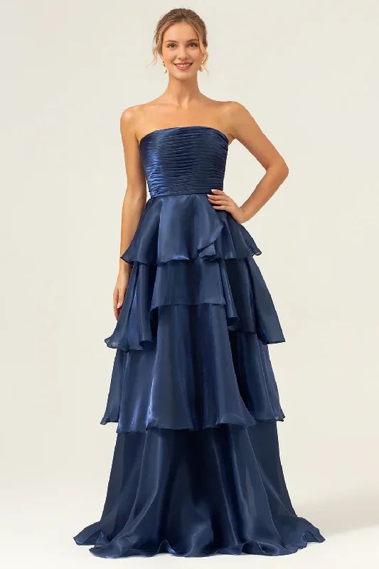 Save Big Deep Sea Army Blue A-line strapless layered pleated ruffle hem and floor length bridesmaid dress