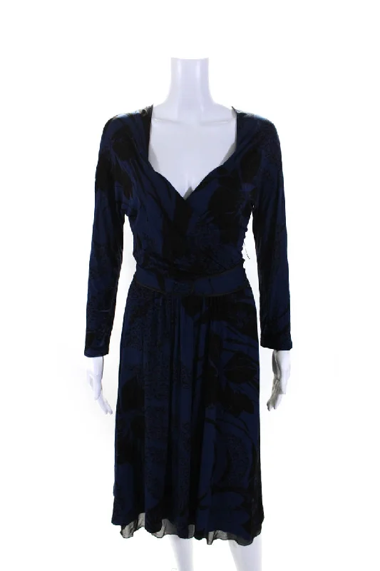 Latest Trends Max Mara Womens Floral V-Neck Belted Long Sleeve Sheath Dress Blue