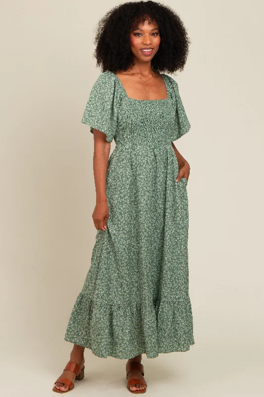 Fashion Sale Sage Flowy Ditsy Floral Smocked Midi Dress