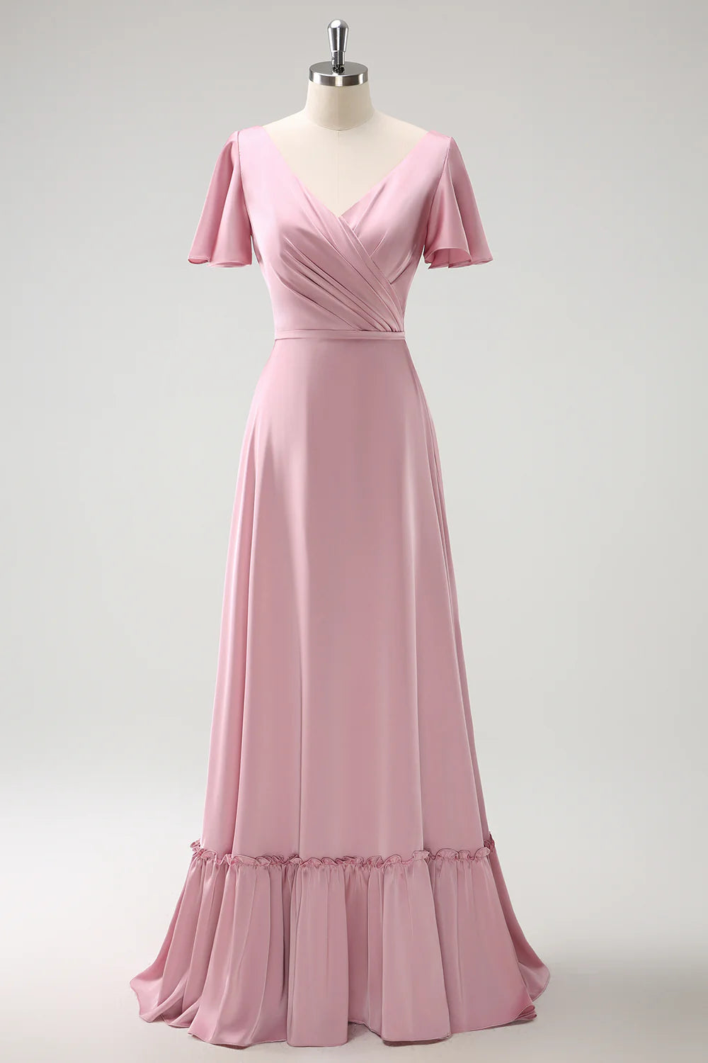 Buy More, Save More Pink A-link V-neck ruffled pleated satin bridesmaid dress