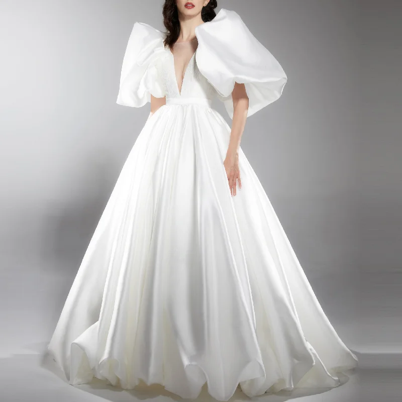 Fashion Forward A-line Satin Deep Vneck Wedding Dress with Puff Lantern Short Sleeve