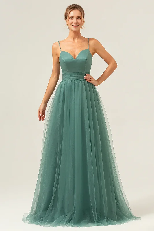 Trend Alert Eucalyptus A-line thin shoulder strap pleated decoration and ground length bridesmaid dress