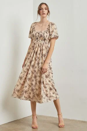 Special Occasion Wear Cream Floral Smocked Short Puff Sleeve  Midi Dress