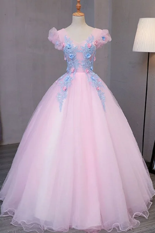 Flash Deals Special pink tulle V neck long prom gown with blue flower lace appliqués cg2260