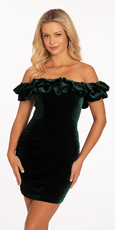 Buy More, Save More Ruffle Off the Shoulder Velvet Bodycon Dress