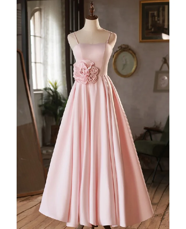 Latest Fashion Elegant and minimalist red pink sticker sleeveless off shoulder ball dress with red pink A-line princess thin shoulder strap and backless strap, ground length bridesmaid dress