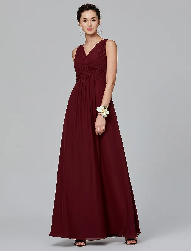 Fashion Deal A-Line Bridesmaid Dress V Neck Sleeveless Floor Length Chiffon with Side Draping