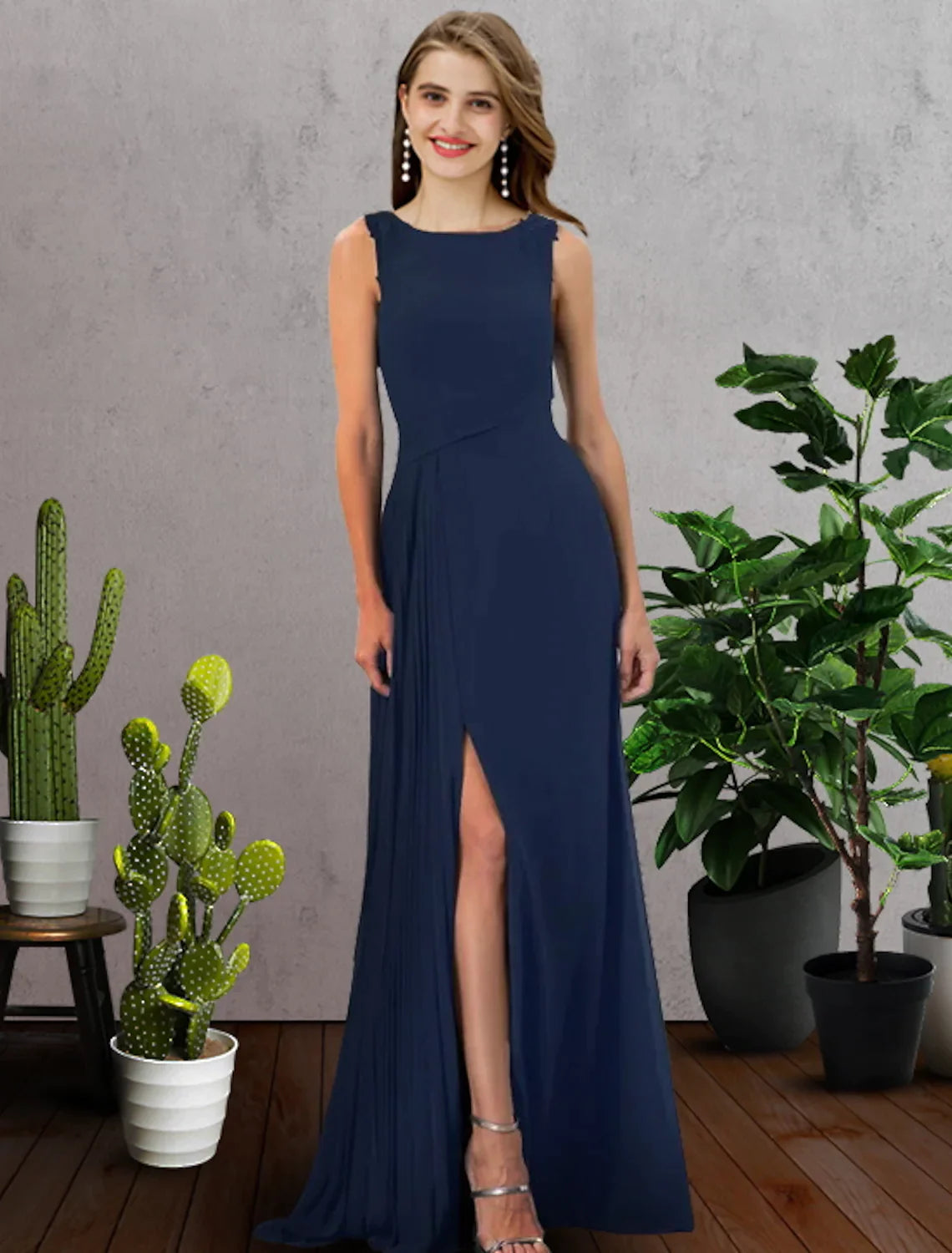 Save On Inspired Styles Bridesmaid Dress Sleeveless Elegant Floor Length Chiffon with Pleats Split Front