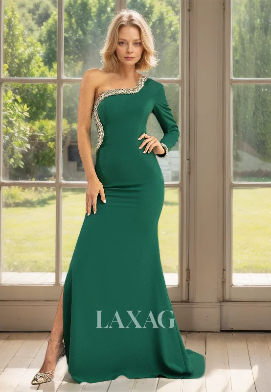 Limited Quantities Beaded Asymmetrical-Neck One-Long-Sleeve Satin Mermaid Mother of the Bride Dress with Sweep Train