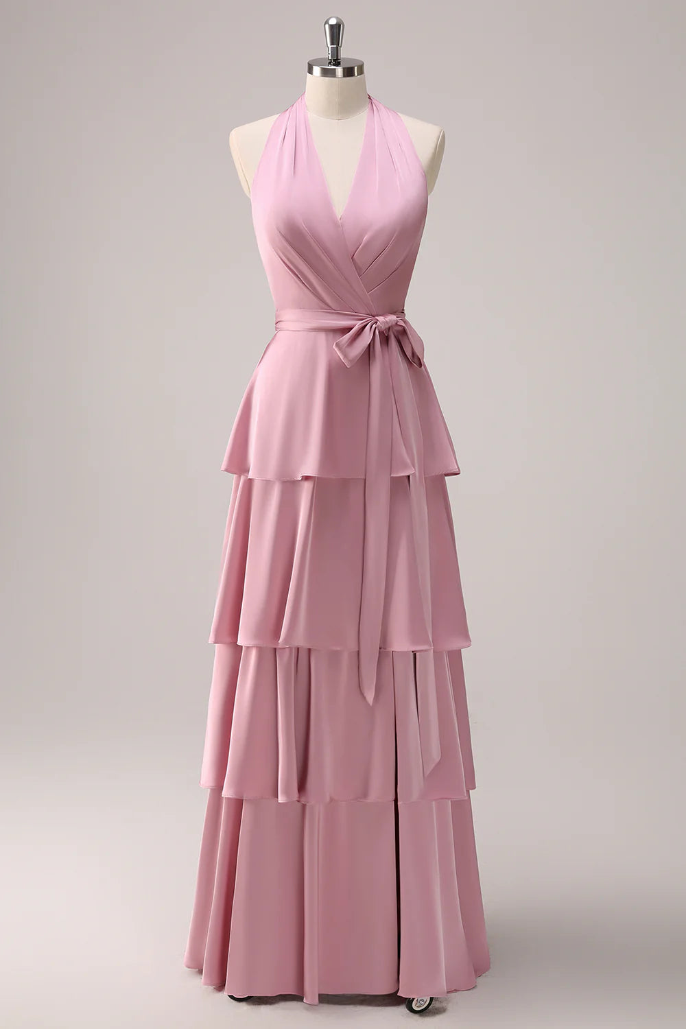 Stylish Savings Pink A-line V-neck pleated layered lace up satin long bridesmaid dress