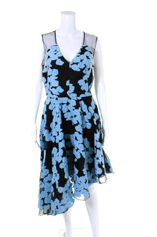 Wardrobe Essentials Lela Rose Womens Floral Sheer Paneled A Line V Neck Dress Blue Black