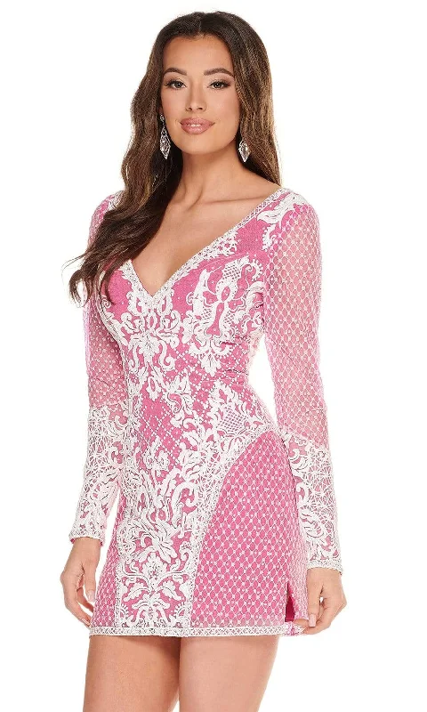 Fashion-Forward Outfits Rachel Allan - 40041 Contrast Lace Long Sleeve Cutout Back Dress